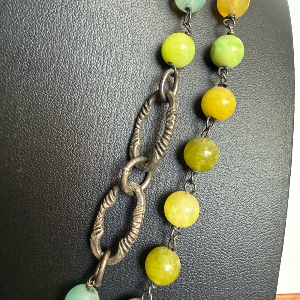 Vintage Rustic Elegant Green and Yellow Beaded Sterling Necklace - Picture 11 of 16